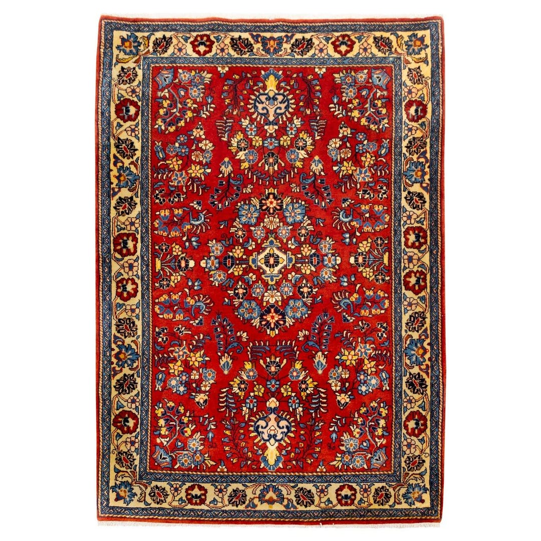 Handmade Sarouk Rug 5x4: Red Floral Medallion, Wool & Cotton - Etsy