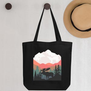 Skurrile Elch in den Rocky Mountains Eco Tragetasche, Retro Natur Ästhetische Bio Tasche, Benutzerdefinierte Wildlife Camp Geschenktasche, abenteuerlicher Wanderer