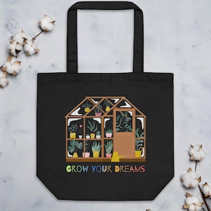 Motiverende biologische canvas draagtas &#39;Grow Your Dreams&#39;, levendige tuinman bloemen gepersonaliseerd cadeau, milieuvriendelijke herbruikbare tas, draagtas voor haar
