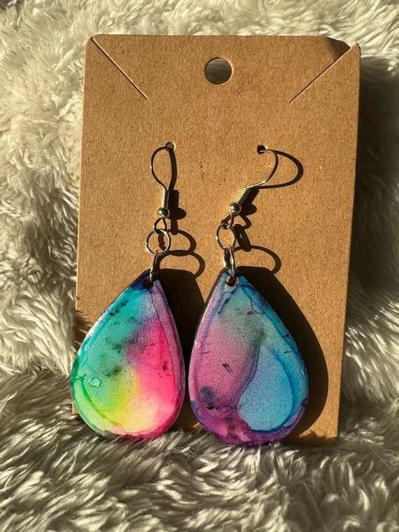 Hand Painted Purple Blue and Pink Alcohol Ink Earrings Etsy