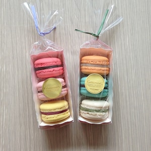 May include: Two cellophane bags, each with three macarons. One bag contains pink, light pink, and yellow macarons. The other has orange, teal, and light green macarons. Each bag is tied with a ribbon and has a gold "Gourmet" sticker.