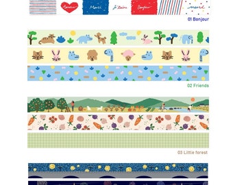 3 tapes -Bonjour, Friends, Little forest or Midnight printed Korean washi tape for scrapbooking, decorations (1.5 cm x 10 m x 3 tapes)