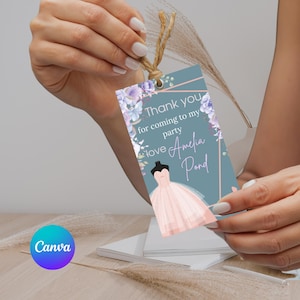 Carte de remerciement modifiable pour le 15e anniversaire et étiquette, étiquettes de faveur imprimables élégantes en or Rose rose pour adolescente ou fête de Quinceanera YY51
