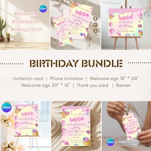 Sweet Party Bundle, Editable Kids Invitation, Welcome Sign, Garland & Thank You Tag, Custom Birthday Decor, Digital Party Kit, Canva  JJ10