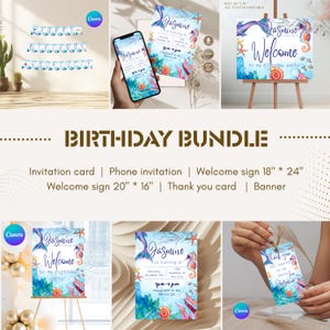 Sea Ocean Birthday Party Bundle – Invitation, Welcome Sign, Thank You Tags, Banner & Garland Set - Custom Party Favors Set  , Canva NN14
