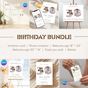 Pacote de decoração personalizável para 30º aniversário: convites, placa de boas-vindas, etiquetas de agradecimento, faixa e guirlanda com opção de foto pessoal KK37