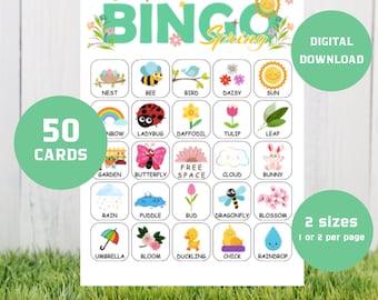 Bingo wiosenne, 50 kart bingo wiosennego do wydrukowania, gra imprezowa wiosenna, aktywność wiosenna, gra wiosenna, gra wiosenna, bingo wielkanocne, SB01