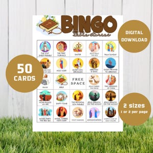 Bibel Bingo 50 Karten, Bibelgeschichten Bingo, Bibelaktivität für Kinder, Sonntagsschule, Bibelgeschichtenspiel, Memory-Spiel, Christliches Spiel, BB07