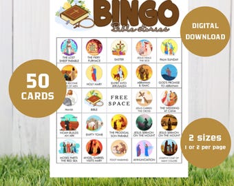 Bingo biblijne 50 kart, Bingo opowieści biblijne, Aktywność biblijna dla dzieci, Szkoła niedzielna, Gra opowieści biblijne, Gra pamięciowa, Gra chrześcijańska, BB07