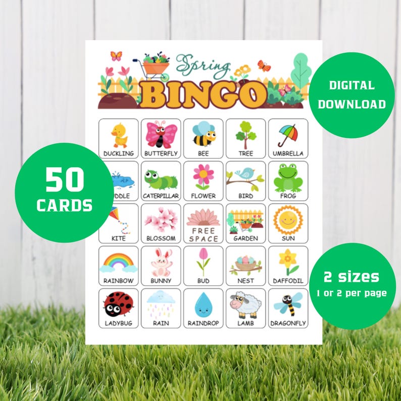 Spring Bingo Game: 50 Printable Cards, Kids Party Activity (digital ...