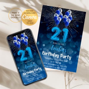 Plantilla de invitación de cumpleaños número 21 personalizada / Descarga digital editable / Invitación imprimible personalizada / Canva imprimible editable UU21
