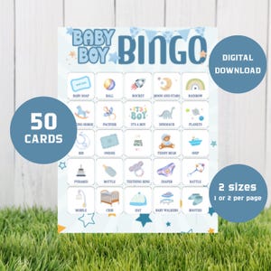 Bingo voor babyjongens | Spel voor babyshower | 50 afdrukbare bingokaarten voor babyshowers | Blauwe babybingo | Groepsspel | Afdrukbare babybingo MB04