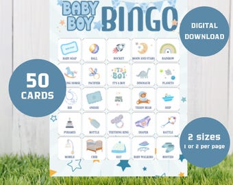 Baby Boy Bingo | Gra na Baby Shower Party | 50 kart do wydrukowania Baby Shower Bingo | Blue Baby Bingo | Gra grupowa | Wydrukowane Baby Bingo MB04