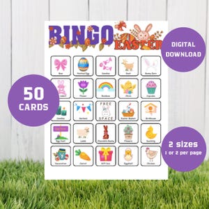 Easter Bingo Printable –50 cards Easter Party Game, Easter Kids, Holiday Bingo Cards & Markers for Family, EB13