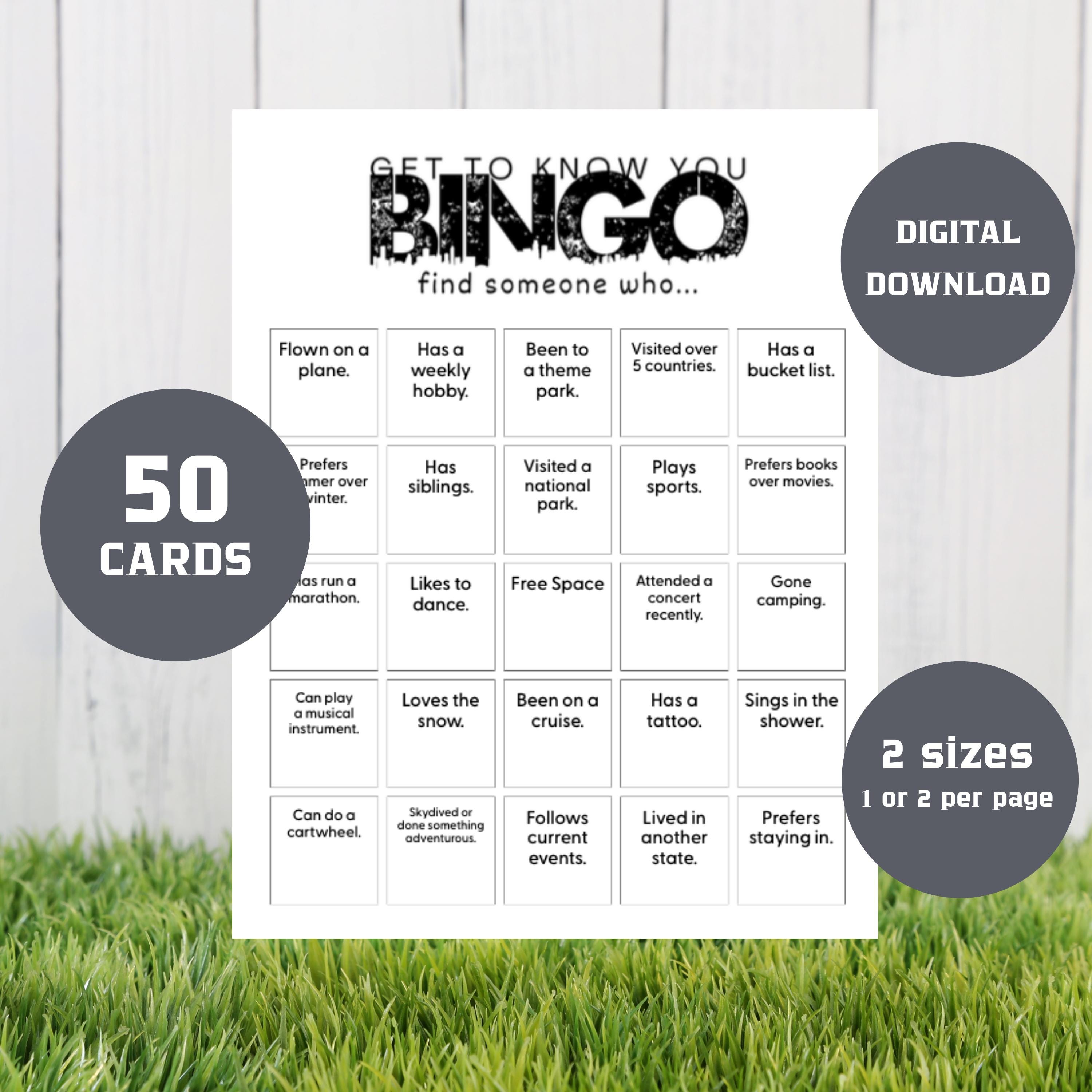 Gra w bingo „Get to Know You” – 50 unikalnych kart – do druku – aktywność na przełamanie lodów – pobieranie cyfrowe na potrzeby team buildingu i imprez, GB01