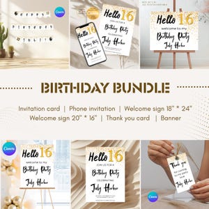 Personalisierbares 16.Geburtstags-Party-Bundle - Einladung, Willkommensschild, Dankeskarten, Banner, Girlande, Canva YY25