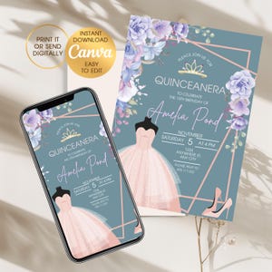 Invitación digital editable para quinceañera, elegante, imprimible en oro rosa y rosa, para quinceañera adolescente (YY51)