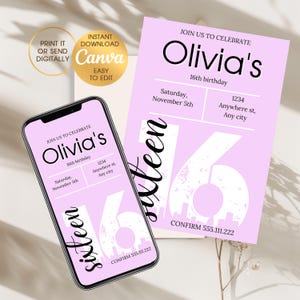 Convite personalizado para 16º aniversário: convite digital personalizável para festa de aniversário de adolescente WW49