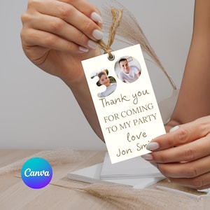 Conjunto de cartão e etiqueta de agradecimento de 30º aniversário personalizado: editável com sua foto para dar um toque pessoal aos seus brindes de festa KK37