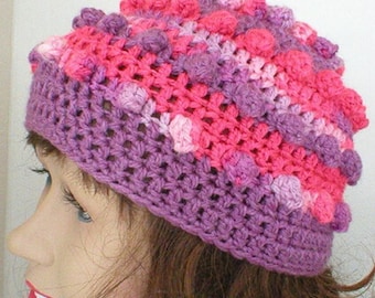 Pink purple striped crochet hat, shell mauve striped beanie, acrylic wool cap