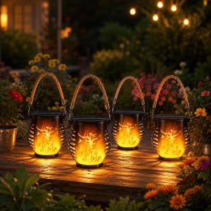 May include: Four cylindrical lanterns with black frames and rope handles, each emitting a warm, flickering orange flame effect light. The lanterns are arranged on a wooden surface, showcasing a glowing fire pattern inside each glass enclosure.