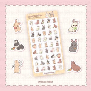 May include: A sheet of decorative stickers with cartoon bunny illustrations in brown, grey, and white. The sticker sheet has the text "Bunny Doodles DECO STICKER SHEET" and the brand name "Francie Plans".