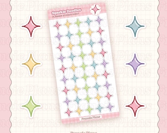 May include: A sheet of planner stickers featuring colorful starburst designs in various pastel colors. The sheet is labeled "Sparkle Doodles Planner Sticker Sheet" and includes the Francie Plans logo. The stickers are on a pink grid background.