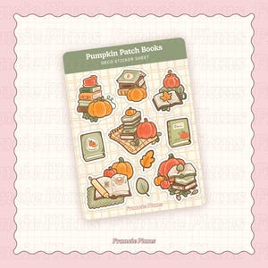 Op de afbeelding: Een stickerblad met de tekst "Pumpkin Patch Books" en illustraties van pompoenen, boeken en herfstbladeren. De stickers zijn in tinten oranje, groen en bruin, met een rasterachtergrond.