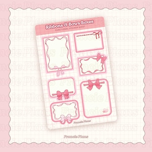 May include: A sticker sheet with pink and white boxes and bows. The sheet is titled "Ribbons & Bows Boxes" and "Functional Sticker Sheet". The sheet is designed by Francie Plus.