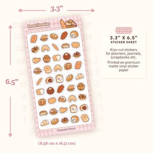 Bread Doodle Stickers / Deco Sticker Sheets for Bullet Journals And Planners / Buns, baguettes & Bread baskets, bakery food stickers,