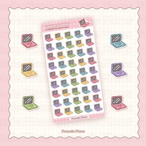 May include: A sticker sheet with 42 colourful laptop computer illustrations. The sheet is titled "Laptop Doodles Planner Sticker Sheet" and is designed by "Francie Plus".
