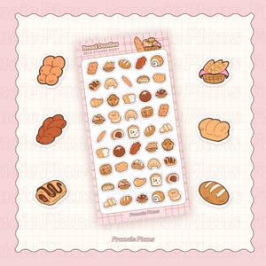 May include: A sheet of "Bread Doodles" deco stickers featuring various bread illustrations, including croissants, loaves, and rolls. The stickers are in shades of brown and beige, with a pink grid background. The text "Francie Plans" is visible.