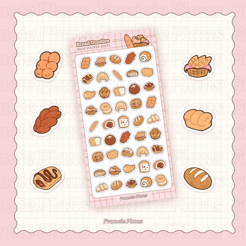 Bread Doodle Stickers / Deco Sticker Sheets for Bullet Journals And Planners / Buns, baguettes & Bread baskets, bakery food stickers,
