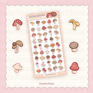 May include: A sheet of mushroom doodle stickers with various mushroom designs in red, brown, and beige. The sticker sheet is labeled "Mushroom Doodles DECO STICKER SHEET" and includes the Francie Plans logo. Individual stickers are scattered around the sheet.