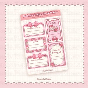 May include: A sheet of pink and white bookplate stickers with a ribbon and bow theme. The stickers feature text that says "This Book Belongs To", "Ex Libris", "From The Library Of", and "From the library of".