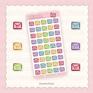 May include: A sheet of planner stickers featuring colorful envelope designs with heart accents. The stickers are in various colors, including pink, blue, yellow, and green. The sheet is labeled "Mail Doodles Planner Sticker Sheet."