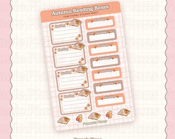 May include: A sheet of functional stickers labeled "Autumn Reading Boxes." The stickers feature rectangular boxes with the word "Reading" and illustrations of books, coffee cups, and autumn leaves. The sheet is on a pink background.
