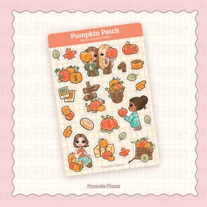 May include: A sticker sheet labelled "Pumpkin Patch" with autumn-themed illustrations. The sheet includes images of pumpkins, leaves, coffee cups, and cartoon characters. The colour palette consists of orange, brown, and green.