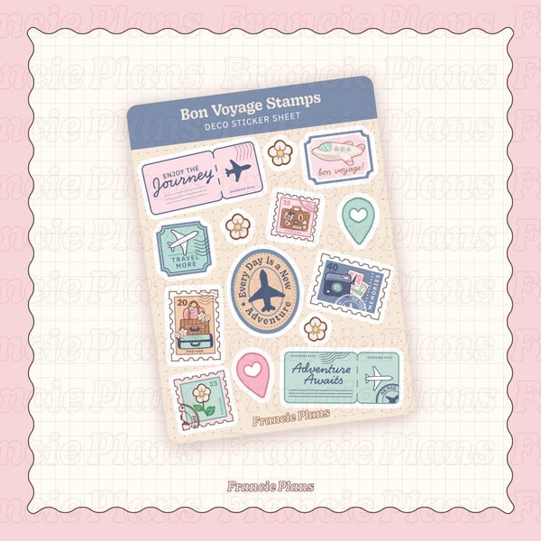 Bon Voyage Travel Stamps Sticker Sheet / Matte Vinyl Journal or Planner Stickers