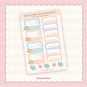 May include: A functional sticker sheet titled Beach Bliss Book Reviews featuring pastel-coloured rectangular boxes with lines for writing, five-star rating icons, and small illustrations of stacked books, seashells, and blue journals with starfish.