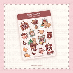 Cozy Cafe Pets Sticker Sheet / Kawaii Cat and Dog Kiss-cut Stickers for Planners and Journals / Cute animals in coffeehouse