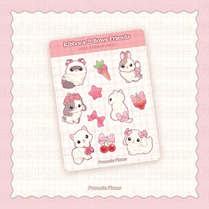 Feuille d'autocollants Coquette Pets / Chatons kawaii et lapins découpés dans un baiser pour agendas et journaux intimes / Vinyle mat / Rubans et noeuds roses