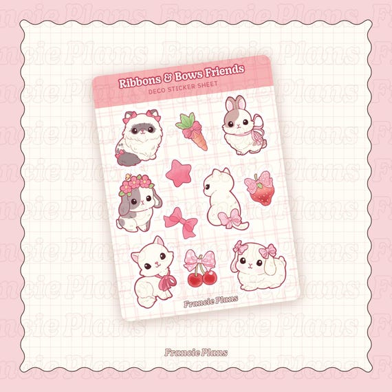 Coquette Pets Sticker Sheet / Kawaii Kittens & Rabbits, Pink Bows