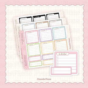 May include: Sheets of planner stickers with "to do list" checkboxes in various pastel colors, including pink, blue, green, and yellow. The stickers have a white background and are labeled "Functional Stickers & Neutrals" and "Pastel Rainbow".