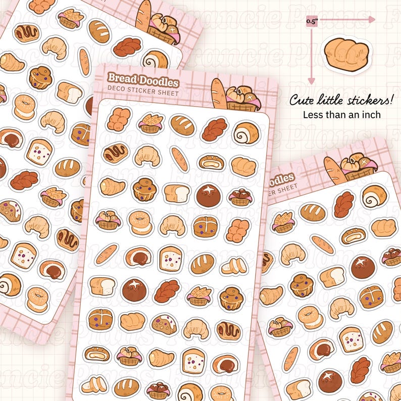 Bread Doodle Stickers / Deco Sticker Sheets for Bullet Journals And Planners / Buns, baguettes & Bread baskets, bakery food stickers,