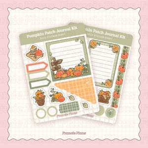 May include: Two sticker sheets with a pumpkin patch theme. The sheets feature illustrations of pumpkins, a sign, and decorative elements. The text "Pumpkin Patch Journal Kit" and "Deco Sticker Sheet" are visible.