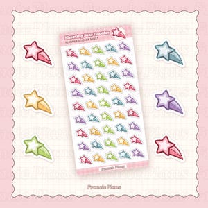 May include: A sheet of planner stickers featuring colorful shooting star doodles. The stickers include stars in various colors like pink, blue, yellow, green, and purple. The sheet is labeled "Shooting Star Doodles Planner Sticker Sheet."
