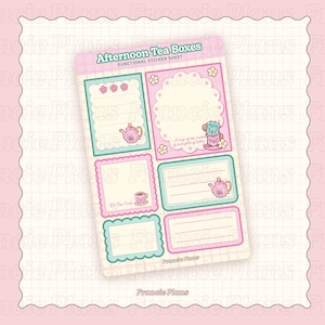 May include: A sheet of functional stickers with a pink and teal color scheme. The stickers feature tea pots, teacups, and decorative frames. Text includes "Afternoon Tea Boxes" and "It's Tea Time". The sheet is designed with a grid background.
