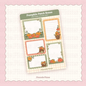 May include: A sticker sheet labelled "Pumpkin Patch Boxes" with several rectangular and square designs. The designs feature pumpkins, leaves, and baskets in orange, green, and brown. The sheet is on a pink background with a grid pattern.