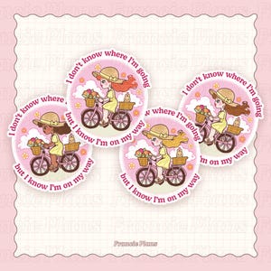 On My Way Sticker / Kawaii Girl on a Bicycle Vinyl Tech Decal for Laptop, Water bottle, notebook / Positive Slogan, Life is a Journey
